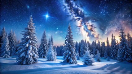 Snowy forest under starry sky, cold weather, frosty landscape,  cold weather, frosty landscape