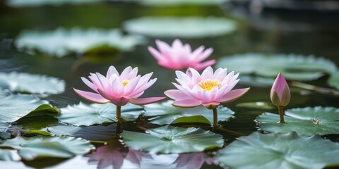 Beautiful pink lotus flowers blooming on a serene pond surrounded by green leaves.