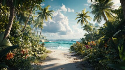Fototapeta premium Tropical beach path through lush vegetation leading to ocean.