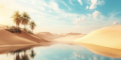 Breathtaking desert landscape with palm trees and a serene water reflection under a blue sky.