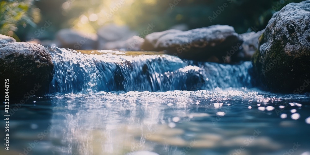 Poster bubbling brook cascading over rocks in a serene natural setting with sparkling water.