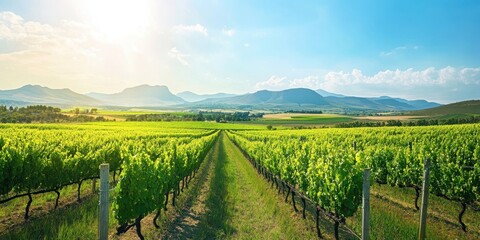 Naklejka premium Breathtaking vineyard landscape under a bright sun, showcasing rows of green grapevines.