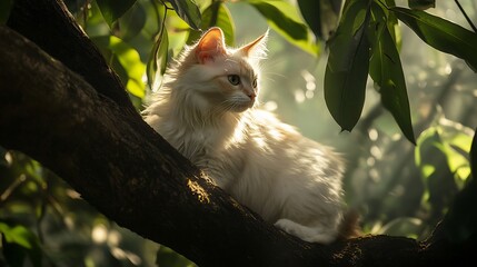 Serene white cat perched on a tree branch surrounded by lush green leaves with soft sunlight filtering through, creating a peaceful atmosphere