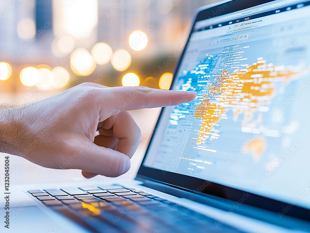 Poster hand pointing closely at detailed data and analytical graphs displayed on a laptop screen during a b