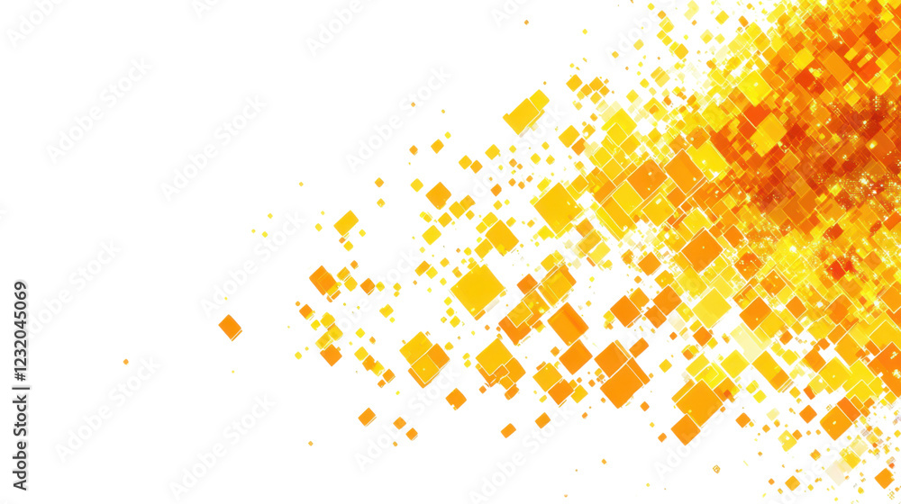 Poster abstract orange and yellow squares disintegrating on transparent background