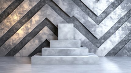 Stone podium steps against geometric wall.