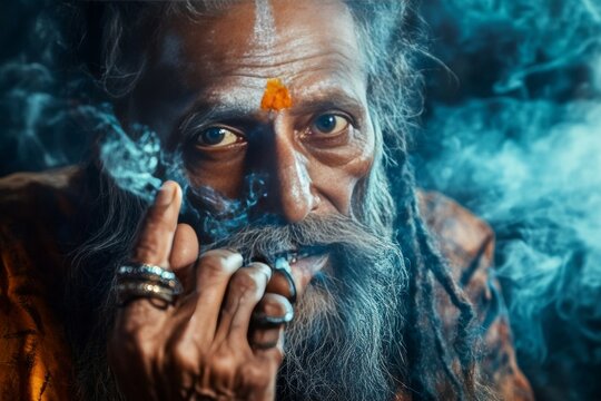 Naga sadhu smoking chillum during kumbh mela festival