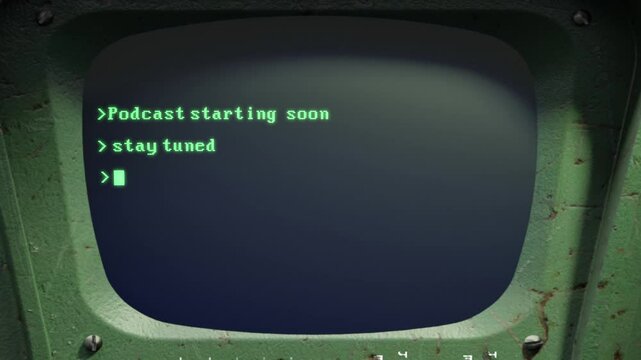 3D Render SciFi dystopian battered metal Control Panel. On a small TV screen appears Computer retro style Text. Podcast starting soon. Preloader. Connection breaking up with glitch effect.