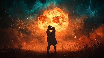 Obraz premium The Silhouette of A Couple Standing Amidst an Explosion.