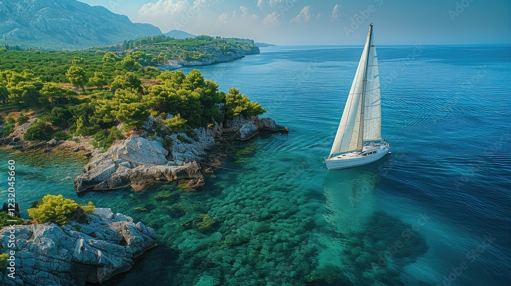 Poster a sailing on the sea, with small island with rocks and green trees in the distance. aerial high view