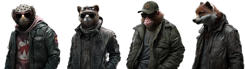 Obraz premium Four different animals dressed as gang members, against a white background, in a full-body shot, wearing jackets and sunglasses. One has an owl's head, another has a zebra's face. One monkey 