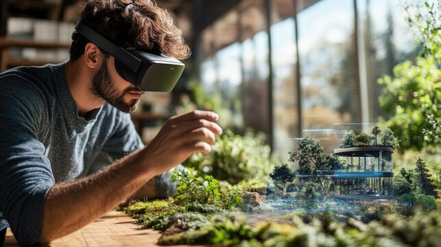 Man in VR Headset Looking At Plants
