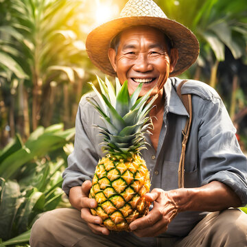 Joyful farmer with pineapple in tropical plantation under sunlight