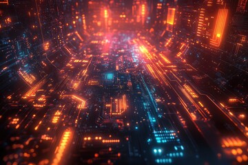 Fototapeta premium Futuristic digital circuits converging into a central presentation point, with vibrant colors, soft gradients, and sleek modern textures creating a cohesive and engaging design.