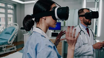 High tech virtual reality headsets enabling medical professionals to collaborate and train in advanced, immersive hospital environment representing digital healthcare innovation