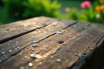 Clear water droplets on weathered wooden garden table, design element, reflection