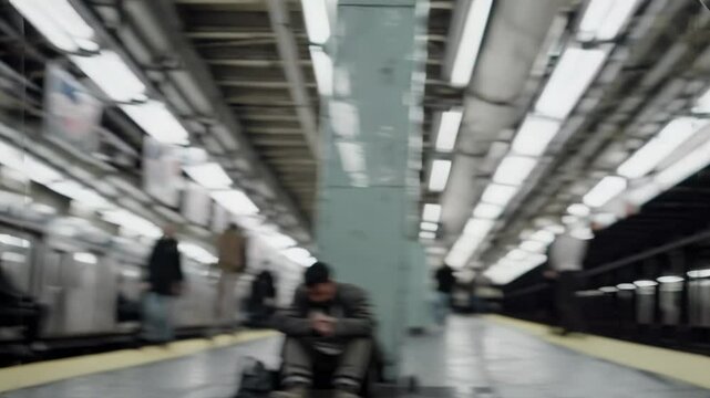 Subway solitude, a homeless man sits dejectedly on a subway platform floor, surrounded by bustling commuters, a poignant scene of urban isolation and despair