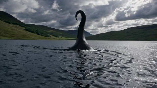 The mythical Loch Ness Monster surfaces, revealing its long neck and serpentine body in the dark waters of a Scottish loch, surrounded by rolling hills