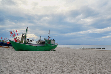 Baltic sea beach and fisher boats in Międzyzdroje, Poland