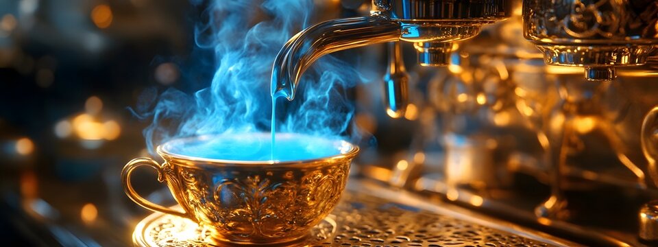 A beautiful blue and gold teacup is being filled with water from an ornate coffee machine
