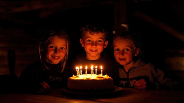 Three happy children celebrating a birthday with a lit candle cake in a dark room.