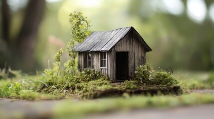 Miniature wooden house nestled in moss, surrounded by greenery.