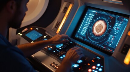 Man operating futuristic spaceship console, monitoring planetary data on screen.