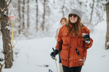 A cheerful woman wearing a winter coat and knit hat holding a beverage outdoors in a snowy forest scene, exuding joy and coziness during a playful and relaxing experience.