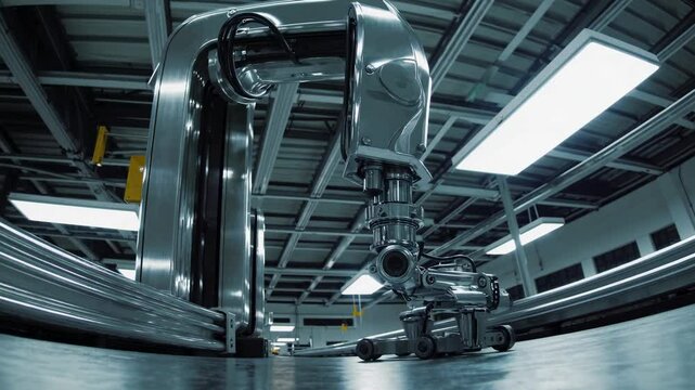 Precision chrome robotic arm seamlessly deploying automated guided vehicle along modern factory assembly line, showcasing advanced industrial automation and cutting edge manufacturing technology