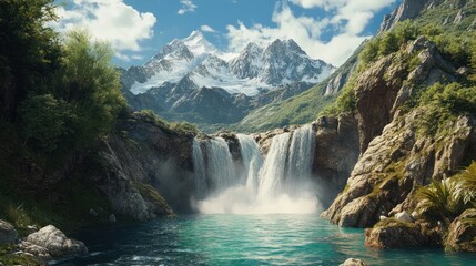 Fototapeta premium Majestic waterfall cascading into serene pool, snow-capped mountains backdrop, nature photography