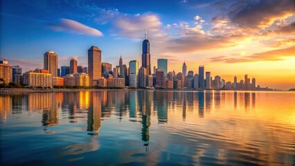Fototapeta premium Chicago Skyline at Sunset Over Lake Michigan, reflection, tranquil, reflection, tranquil, serenity, American city