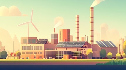 Obraz premium Green industrial park sunrise, wind turbine, solar panels, city skyline, sustainable energy