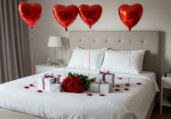 Romantic bed with gifts, red roses and heart balloons for Valentine's Day surprise