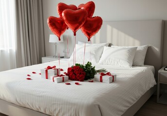 Valentine's Day bedroom surprise with red heart balloons, gifts and rose flowers on bed