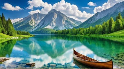 Obraz premium A beautiful lake surrounded by mountains with a canoe floating on it
