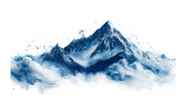 A cascade of paint splashes depicting a snowy mountain isolated on a transparent background