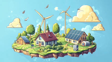 Renewable green energy industry isometric landing page. Sustainable development concept with windmill turbines, solar panels and battery, environment protection, conservation 3d vector web banner