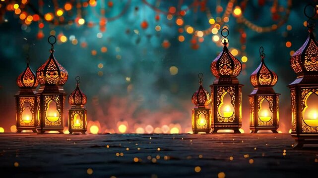 Ornate Arabic lanterns glowing warmly in a festive setting with bokeh lights. Ramadan, Eid al-Fitr, Islamic traditions