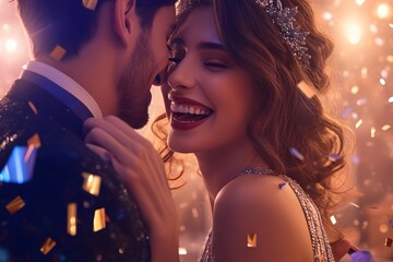 Photo of a handsome gentleman putting a silver necklace on a happy young woman at a party, Generative AI