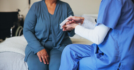 Cleaning, hands or healthcare with nurse and patient in bedroom of home for hygiene or preparation....