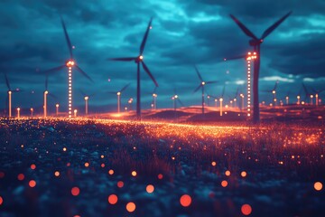 Futuristic wind turbines with glowing blades spinning in a digital field.