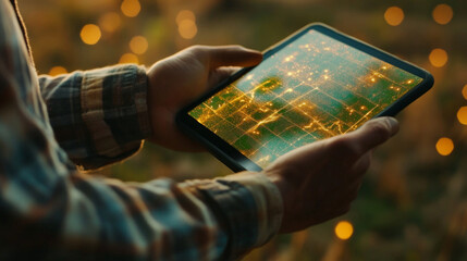Farmer using mobile technology to analyze agricultural data during dusk in the fields