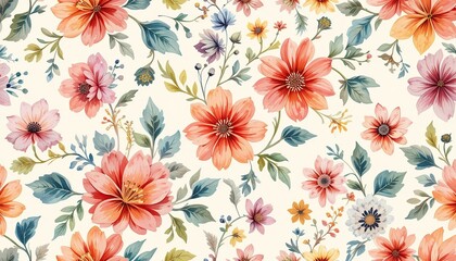 fWhimsical Floral Pattern with Vibrant Watercolor Washes on Cream Background, Perfect for Decorative