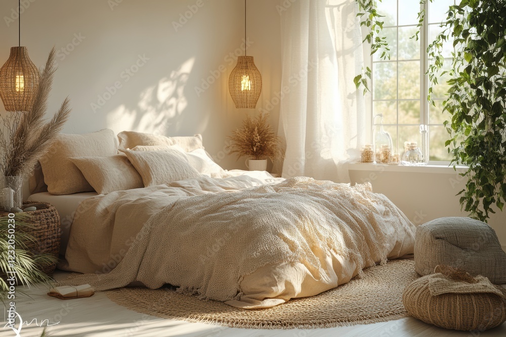 Poster bright and cozy bedroom featuring soft textures and natural light, creating a serene and inviting at