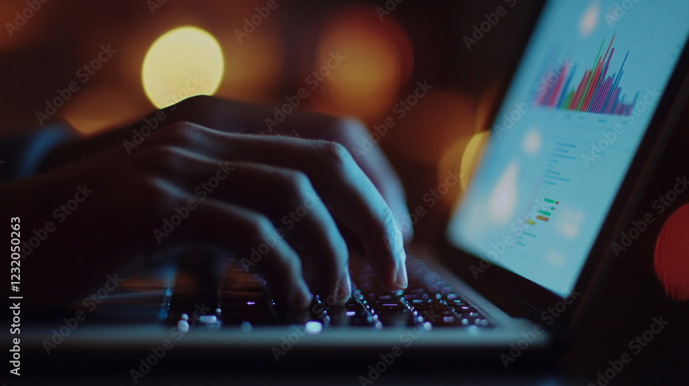 Poster hands typing on a laptop while analyzing data in a dimly lit environment during nighttime
