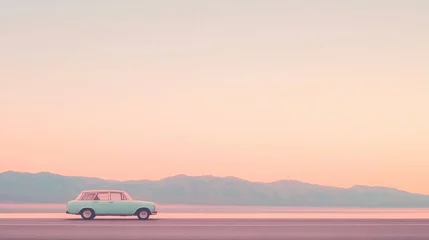 Gordijnen Pastel-colored vintage car drives on a flat road towards distant mountains at sunset. © musa