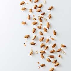 Almonds scattered across a white background, some of them broken or cracked open, showcasing the natural texture of the nuts, symbolizing health, nutrition, and organic food.