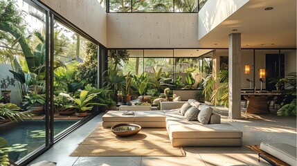 Interior of modern design, lots of plants and views of outdoors, bald.