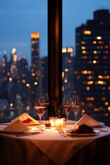 A romantic candlelit dinner in a restaurant with a view of the city skyline
