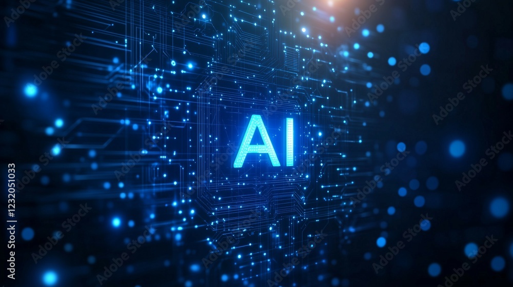 Aufkleber ai letters in the center of a futuristic background with glowing elements and connections, in a blue